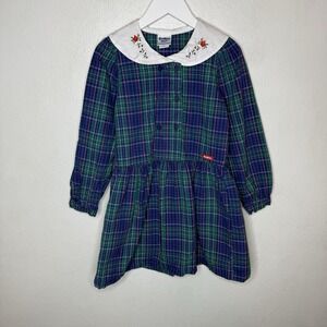 Vintage Oshkosh B'gosh Green Blue Plaid Dress Flower Collar Girls 6X Preppy